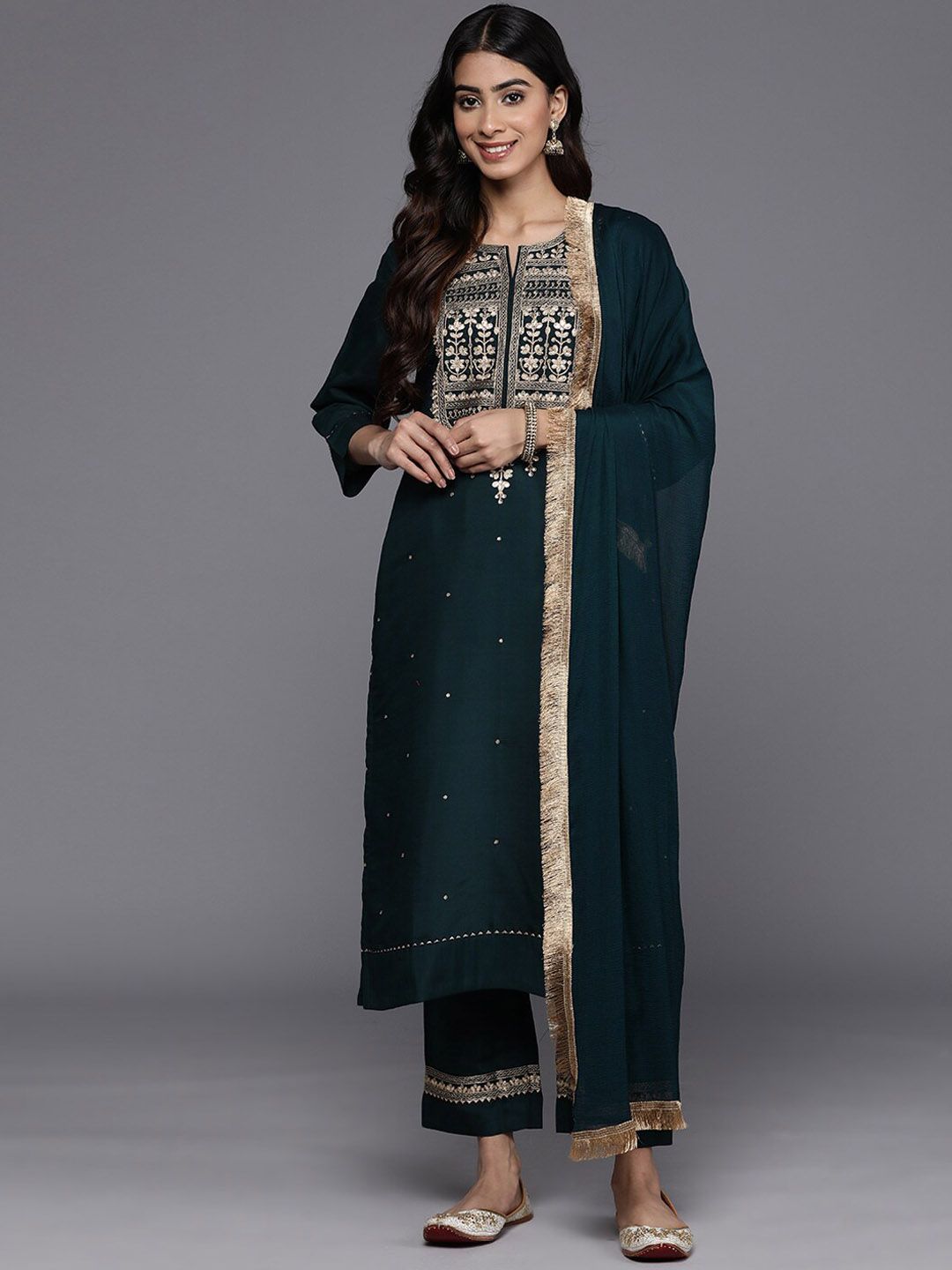 Dhiyona VA Women'sGreen Ethnic Motifs Embroidered Straight Kurta With Trousers & Dupatta