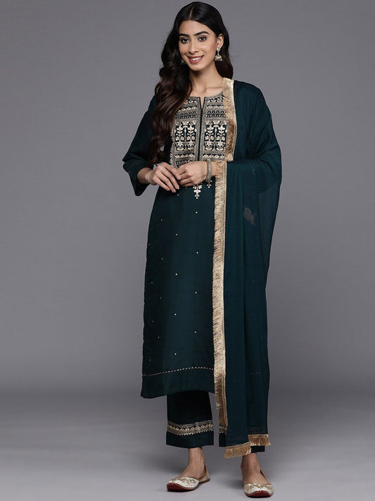 Dhiyona VA Women'sGreen Ethnic Motifs Embroidered Straight Kurta With Trousers & Dupatta