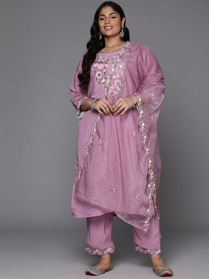 Dhiyona IE Plus Size Floral Embroidered Regular Thread Work Kurta with Trousers & Dupatta