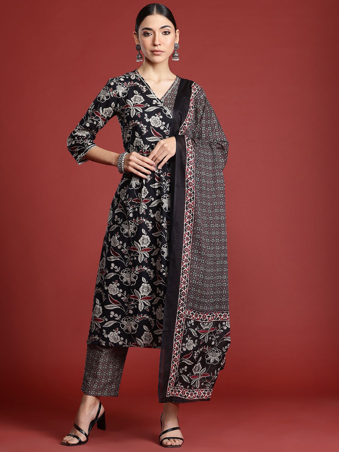 Floral Printed Angrakha Gotta Patti Pure Cotton Kurta Set & Dupatta