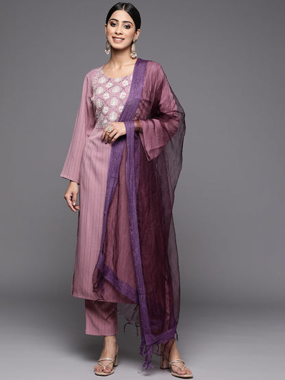 Dhiyona VA Women's Mauve Ethnic Motifs Yoke Design Kurta with Trousers & With Dupatta