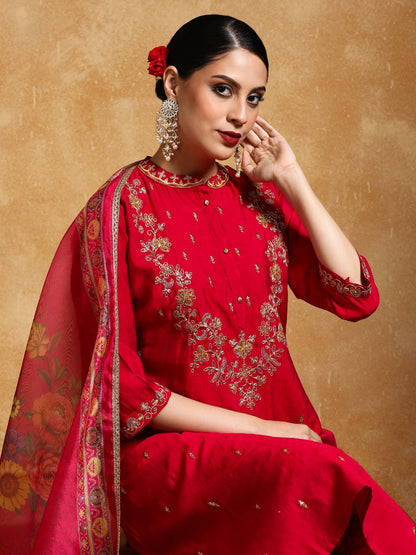 Dhiyona VA Women'sFloral Embroidered Mandarin Collar A-Line Kurta With Trousers & Dupatta