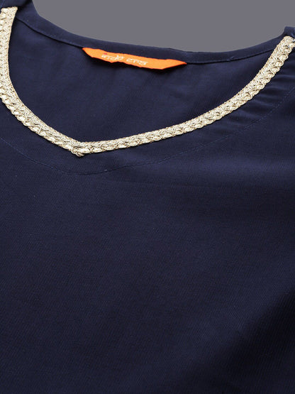 Dhiyona IE Navy Blue Empire V-Neck Sequinned Kurta With Trousers & Dupatta