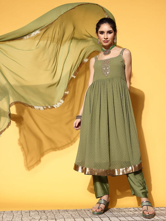 Dhiyona VA Women's Textured Poly Georgette Spaghetti Straps Kurta Set