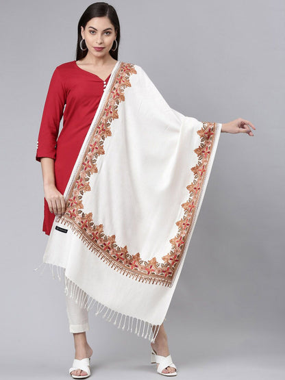 Dhiyona PA Women White Aari Embroidered Kashmiri Shawl