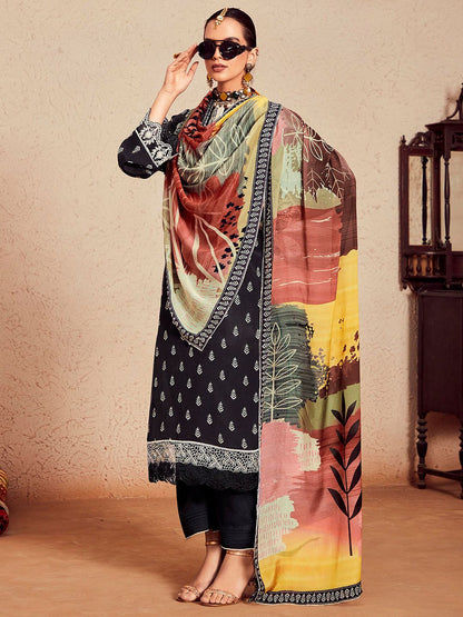 Dhiyona IE Women Floral Printed Regular Thread Work Kurta Trousers With Dupatta