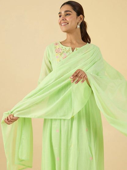 Dhiyona IE Women Embroidered Pure Cotton A-Line Kurta with Trousers & With Dupatta