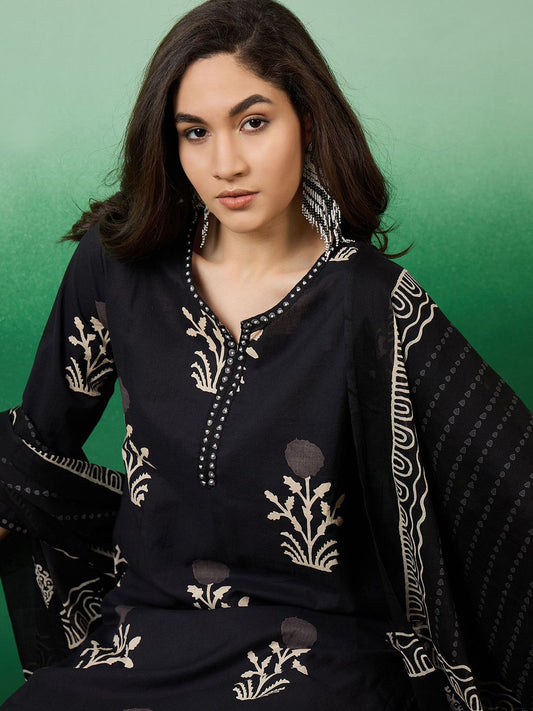Dhiyona SN Women's Notch Neck Printed Pure Cotton Kurta With Trousers & Dupatta