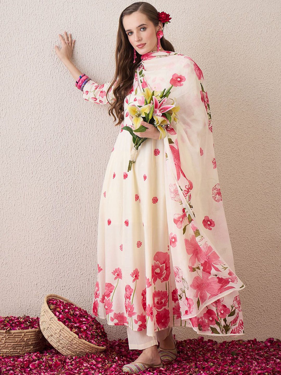 Floral Printed Beads & Stones Pure Cotton A-Line Kurta With Trousers & Dupatta