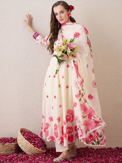Floral Printed Beads & Stones Pure Cotton A-Line Kurta With Trousers & Dupatta