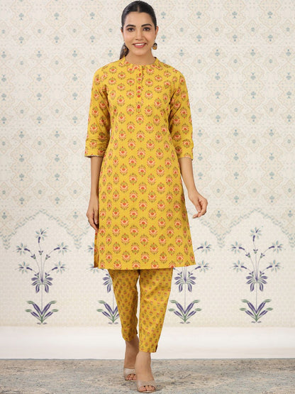 Dhiyona OD  Ethnic Motifs Printed Band Collar Pure Cotton Kurta with Trousers