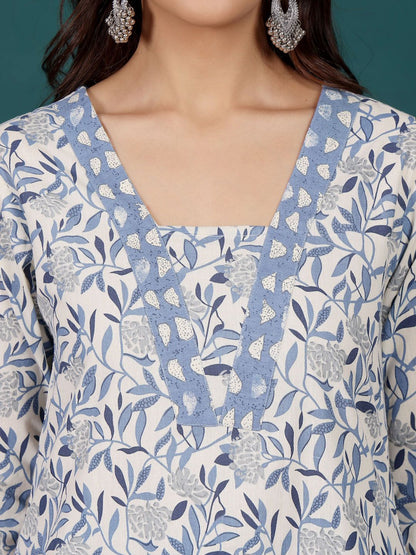 Dhiyona VA Women'sFloral Printed V-Neck Pure Cotton Straight Kurta With Trousers & Dupatta