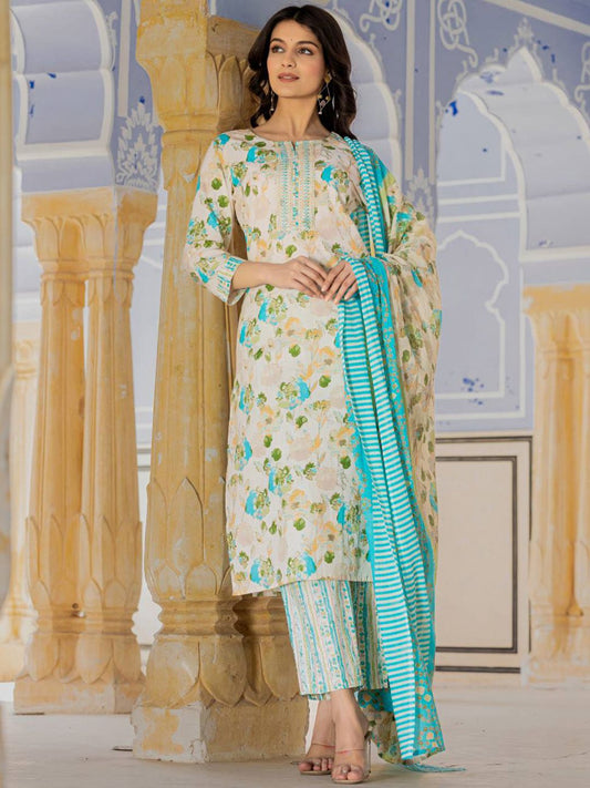 Dhiyona VA Women'sFloral Printed Regular Beads and Stones Kurta with Trouser & Dupatta