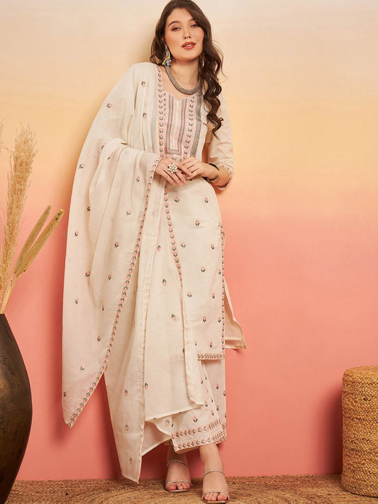 Dhiyona SN Women's Embroidered Pure Cotton Regular Kurta & Trousers With Dupatta