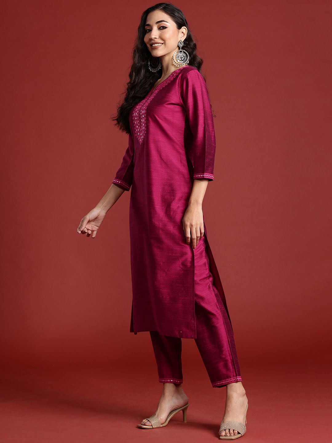 Yoke Design Mirror Work Kurta With Trousers & Dupatta