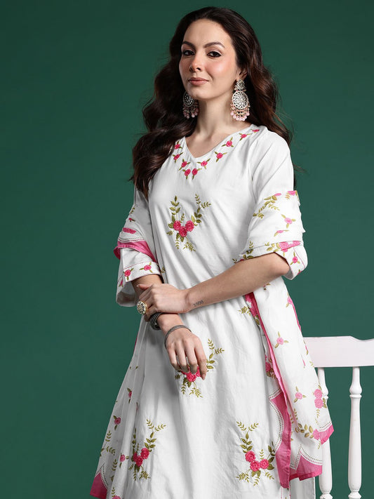 Dhiyona IE Floral Embroidered Pure Cotton Kurta with Trousers & Dupatta