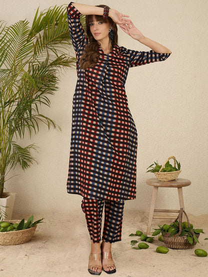 Dhiyona IE Geometric Printed Shirt Collar Pure Cotton Straight Kurta With Trnousers