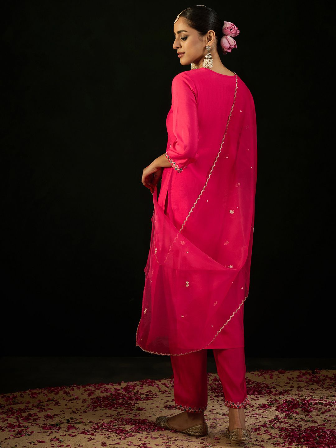 Floral Embroidered Sequinned Straight Kurta & Trousers With Dupatta