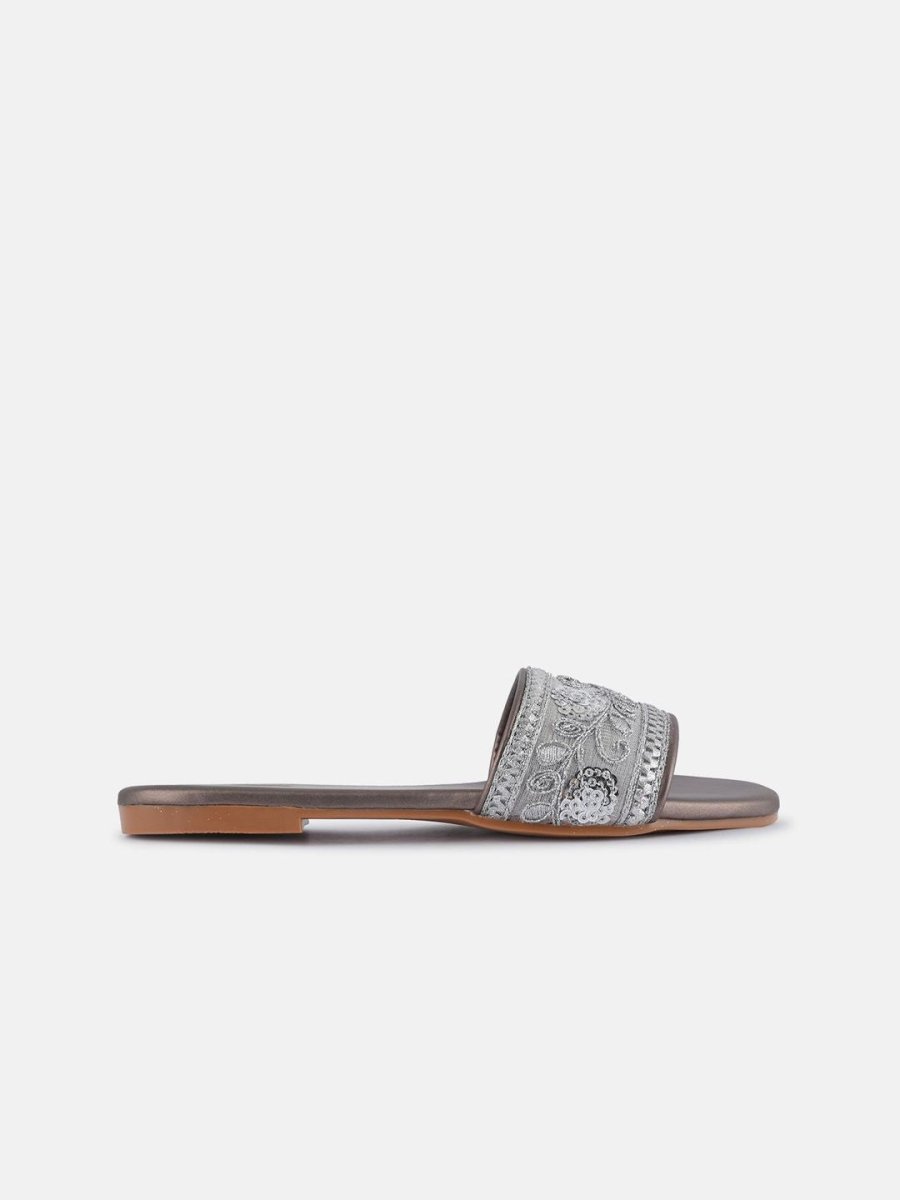 Dhiyona AK Grey Embellished Open Toe Ethnic Flats