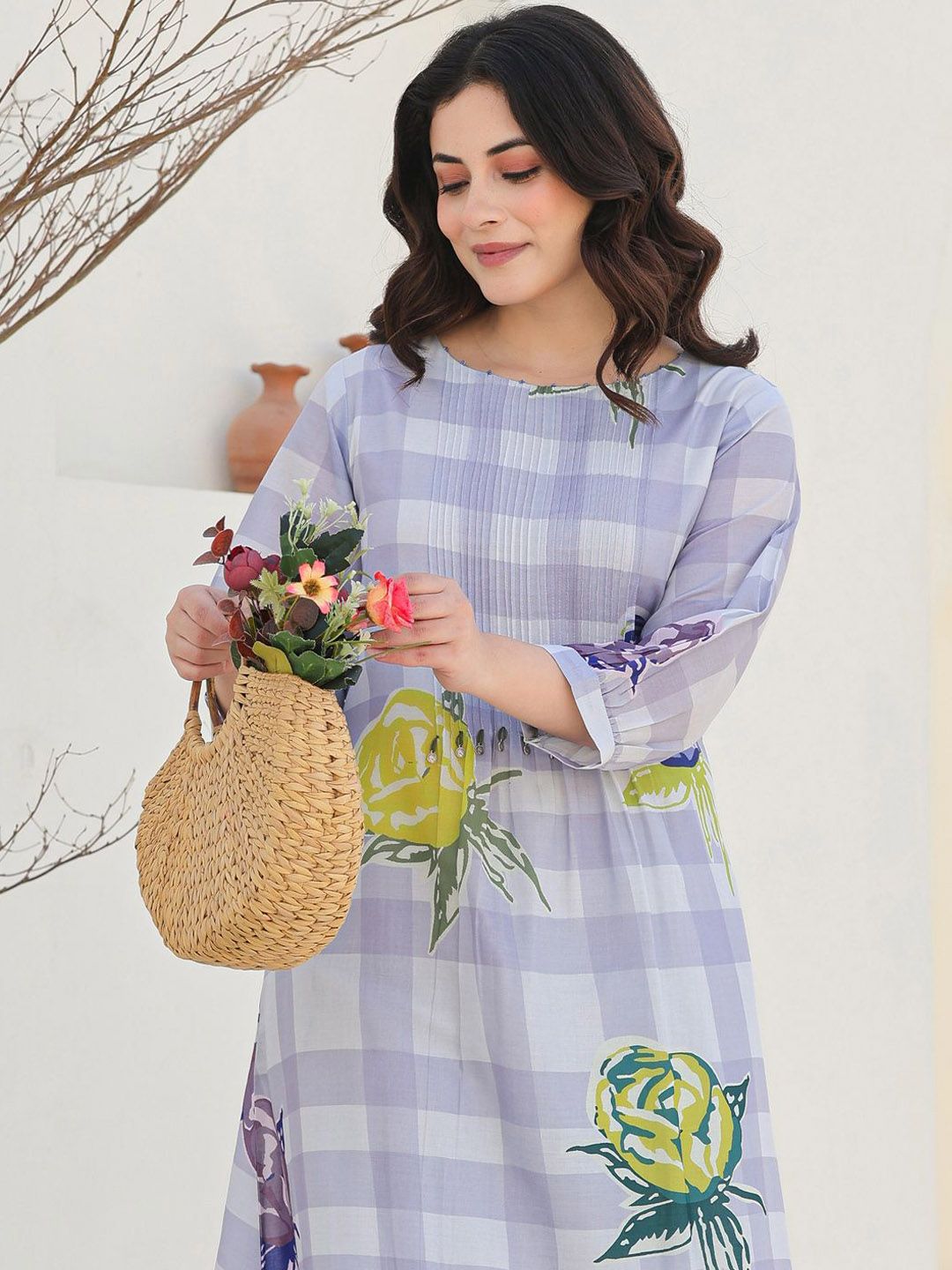 Women Floral Printed Regular Beads and Stones Pure Cotton Kurta with Trousers