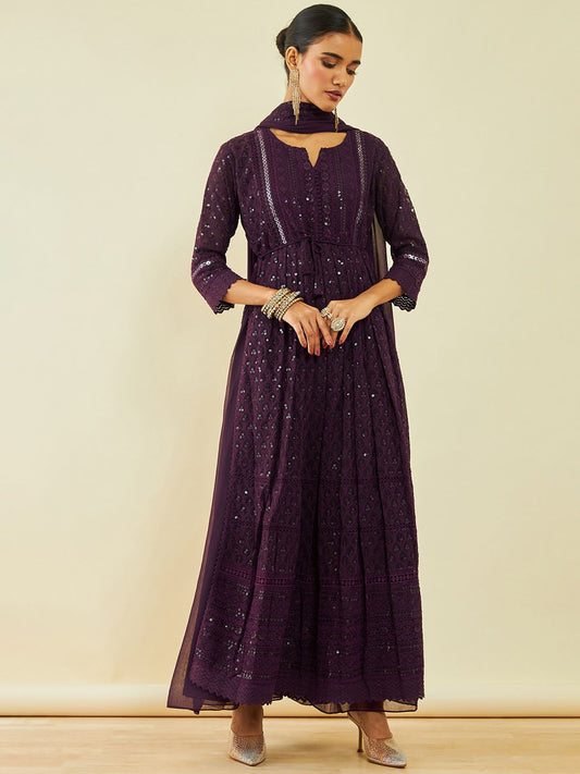 Dhiyona SO Women's Women Maroon Embroidered Pleated Sequinned Kurta with Palazzos & With Dupatta