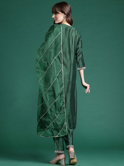 Floral Embroidered Zari Pleated Liva Kurta With Trousers & Dupatta