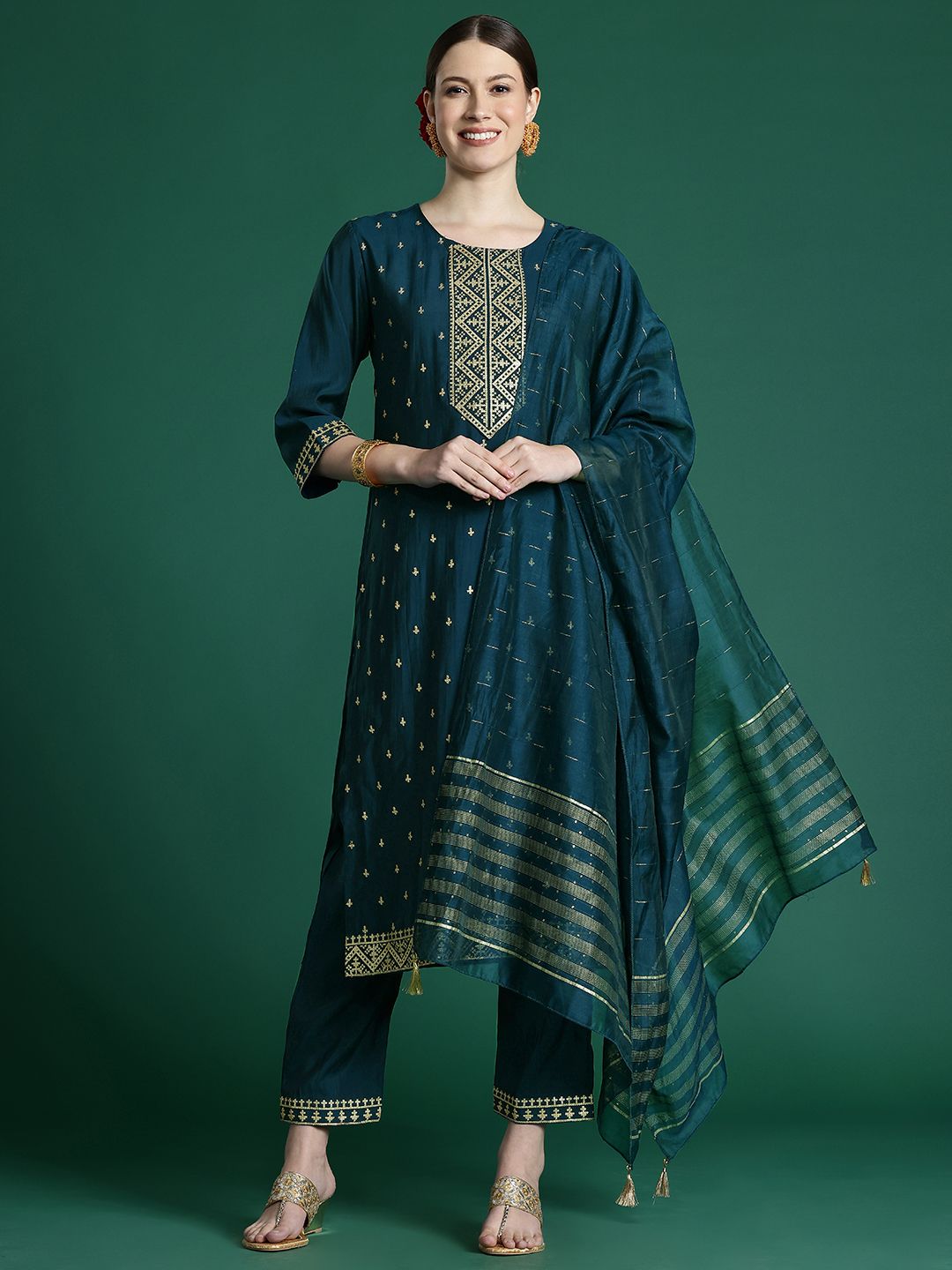 Women Embroidered Regular Sequinned Chanderi Silk Kurta with Trousers & With Dupatta
