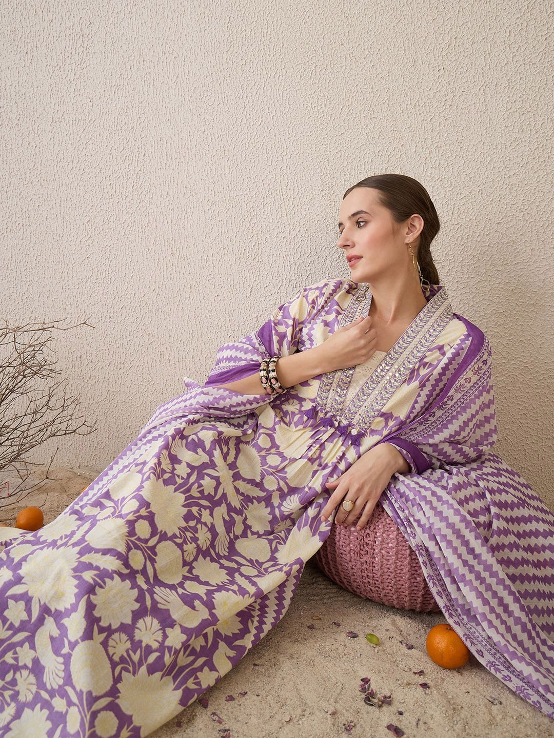 Floral Printed V-Neck Pure Cotton Straight Kurta With Trousers & Dupatta