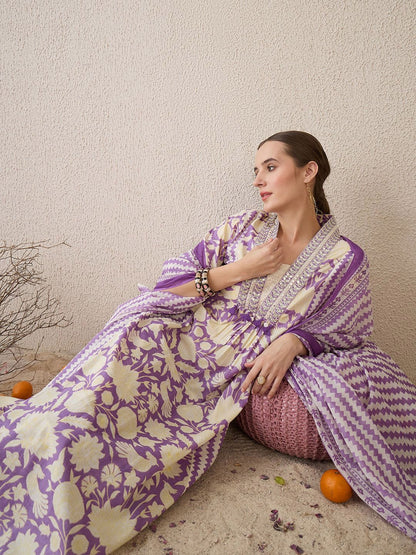 Floral Printed V-Neck Pure Cotton Straight Kurta With Trousers & Dupatta