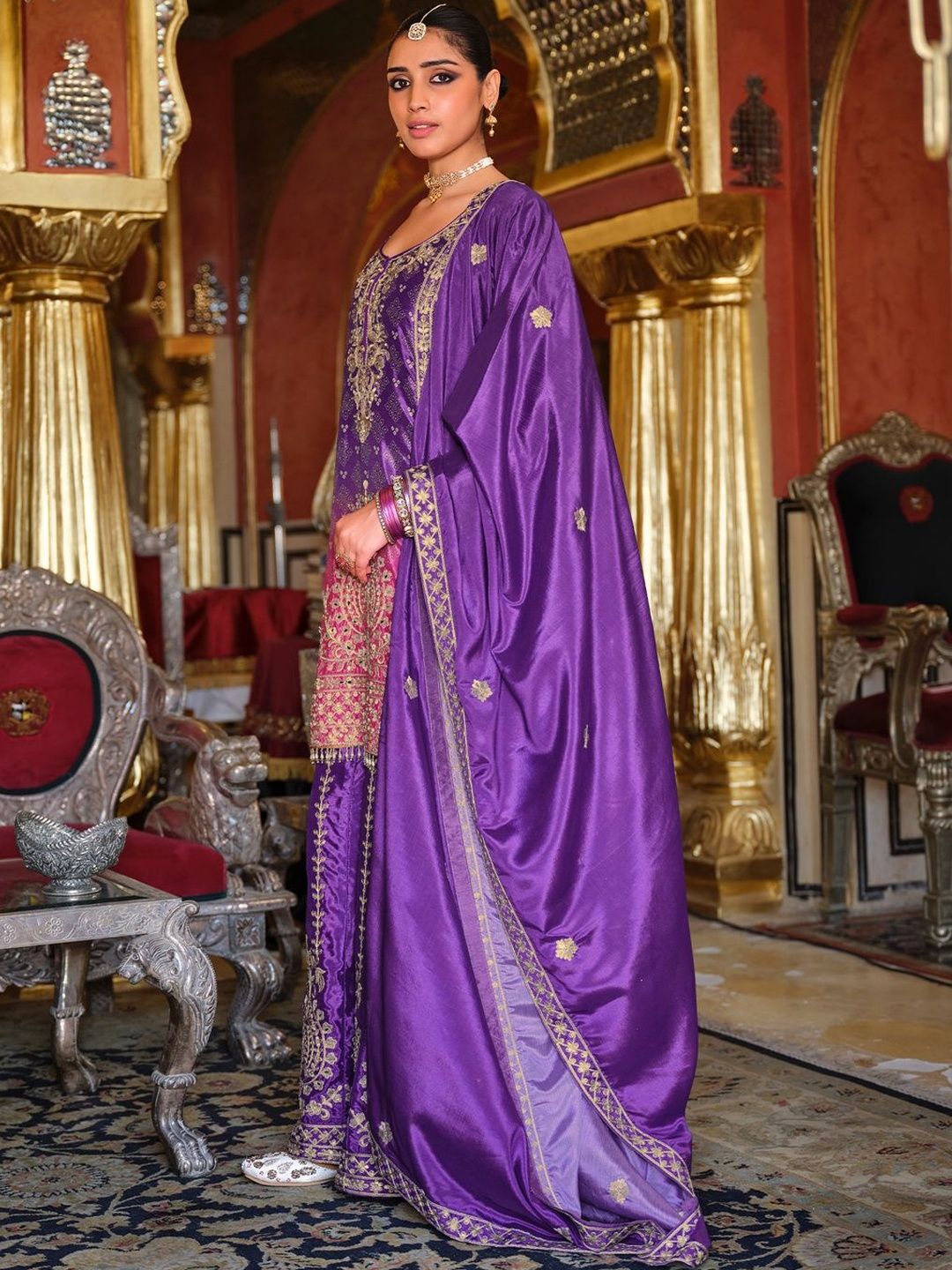 Dhiyona IE Ethnic Motifs Embroidered Thread Work Chinon Kurta with Sharara & With Dupatta