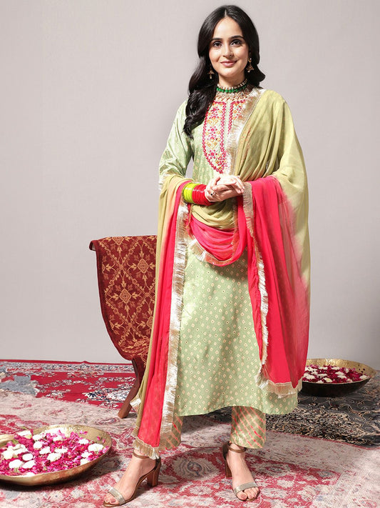 Dhiyona VA Women's Green Leheriya Embroidered Mirror Work Kurta with Trousers & With Dupatta