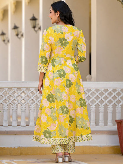 Dhiyona IS Women's Floral Printed Panelled Beads and Stones Anarkali Kurta With Trouser & Dupatta