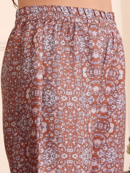 Dhiyona VA Women'sBrown Floral Printed Tie Up Neck High Low Kurta With Trousers