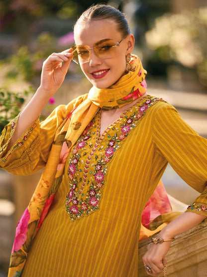 Striped Thread Work Pure Cotton Bell Sleeves Straight Kurta & Trousers & Dupatta