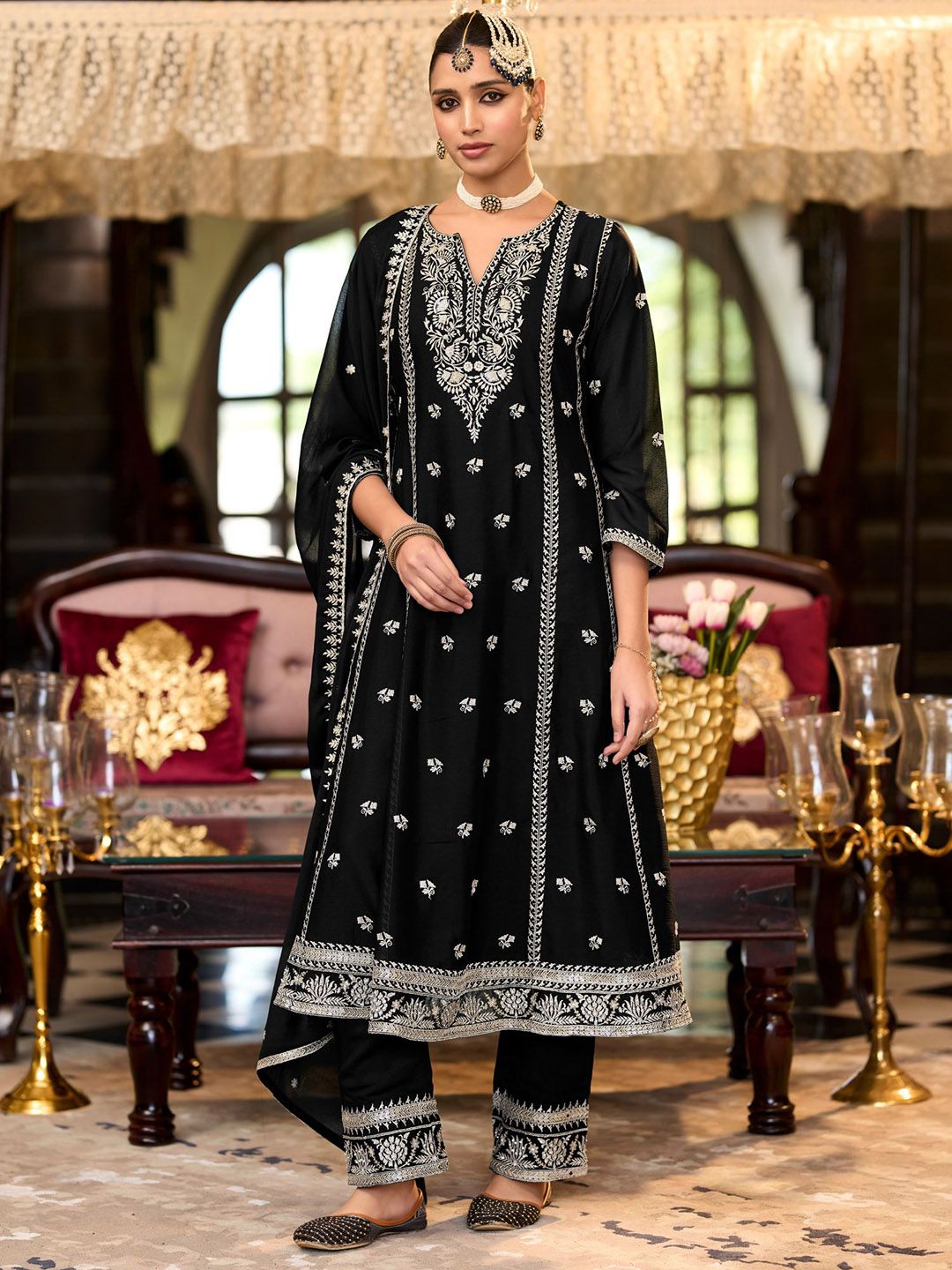 Dhiyona IE Women Ethnic Motifs Embroidered Regular Sequinned Kurta with Trousers & With Dupatta