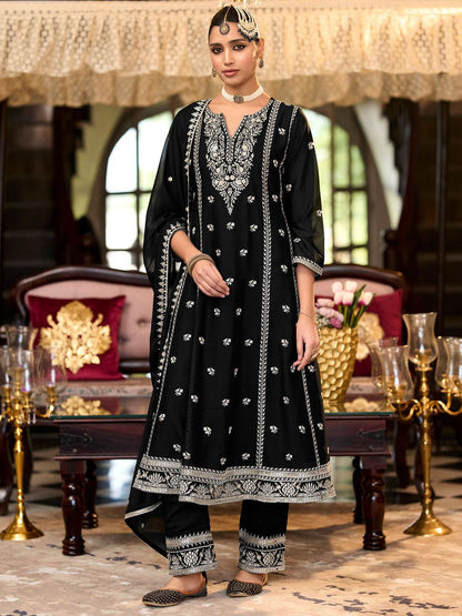 Dhiyona IE Women Ethnic Motifs Embroidered Regular Sequinned Kurta with Trousers & With Dupatta
