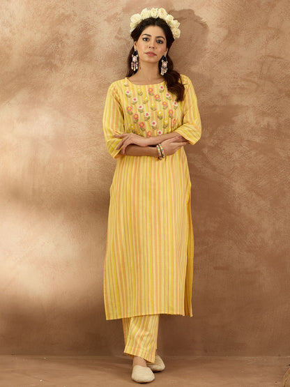 Dhiyona IE Floral Embroidered Pure Cotton Straight Kurta with Trouser