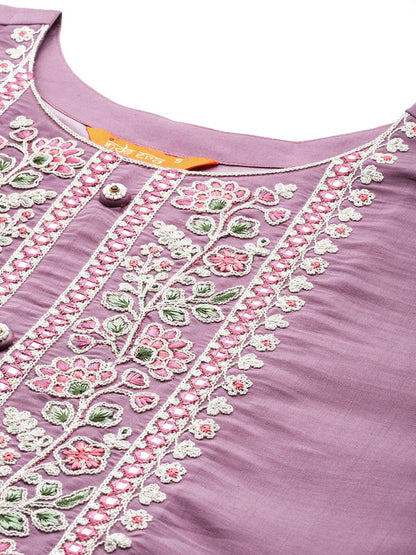 Dhiyona IE Women Floral Yoke Design Regular Thread Work Kurta with Trousers & Dupatta