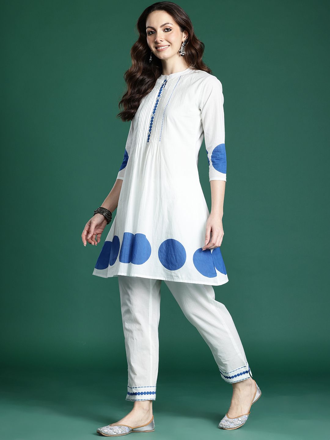 Printed PleatedPure Cotton Kurta with Trousers