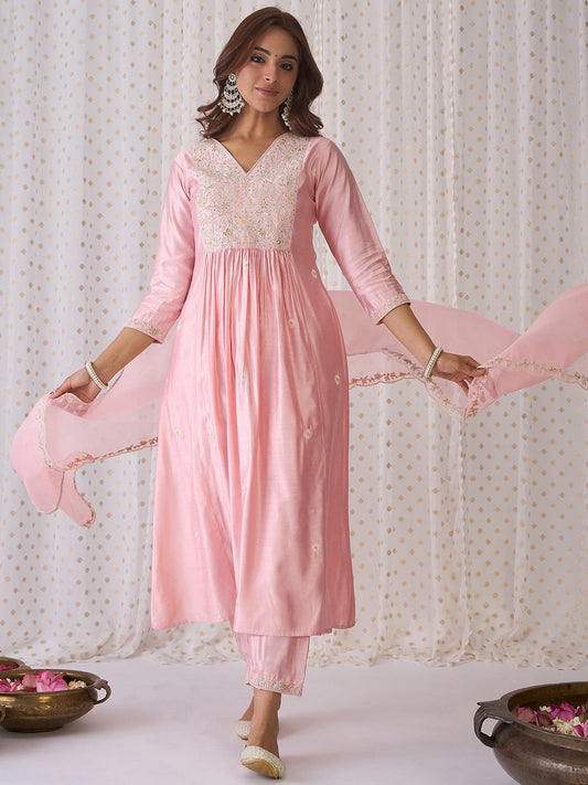 Dhiyona IE Pink Ethnic Motifs Embroidered Aari Work Kurta with Trousers & Dupatta