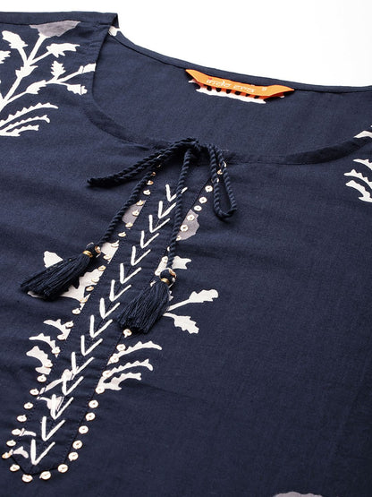 Floral Printed Sequinned Pure Cotton Kurta With Trousers & Dupatta