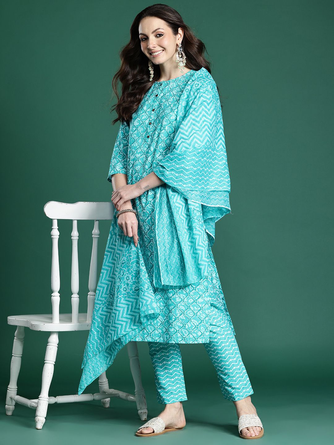 Dhiyona IE Geometric Printed Pure Cotton Kurta with Trousers & Dupatta