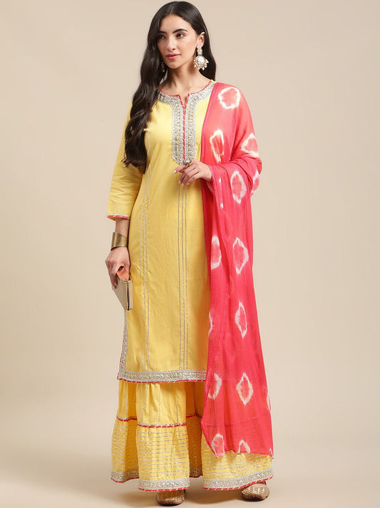 Dhiyona VA Women's Yellow & Pink Gotta Patti Pure Cotton Kurta with Sharara & Shibhori Dupatta