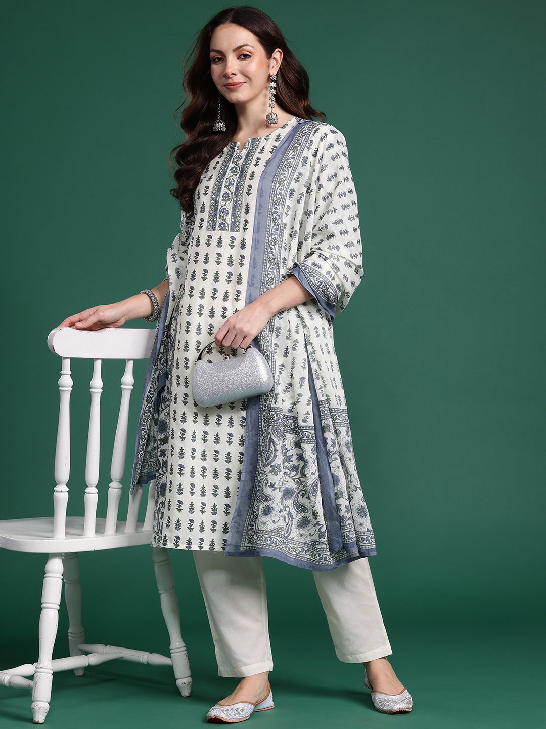 Dhiyona IE Ethnic Motifs Printed Panelled Pure Cotton Kurta with Trousers & Dupatta