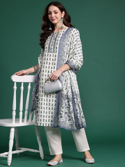 Ethnic Motifs Printed Panelled Pure Cotton Kurta with Trousers & Dupatta