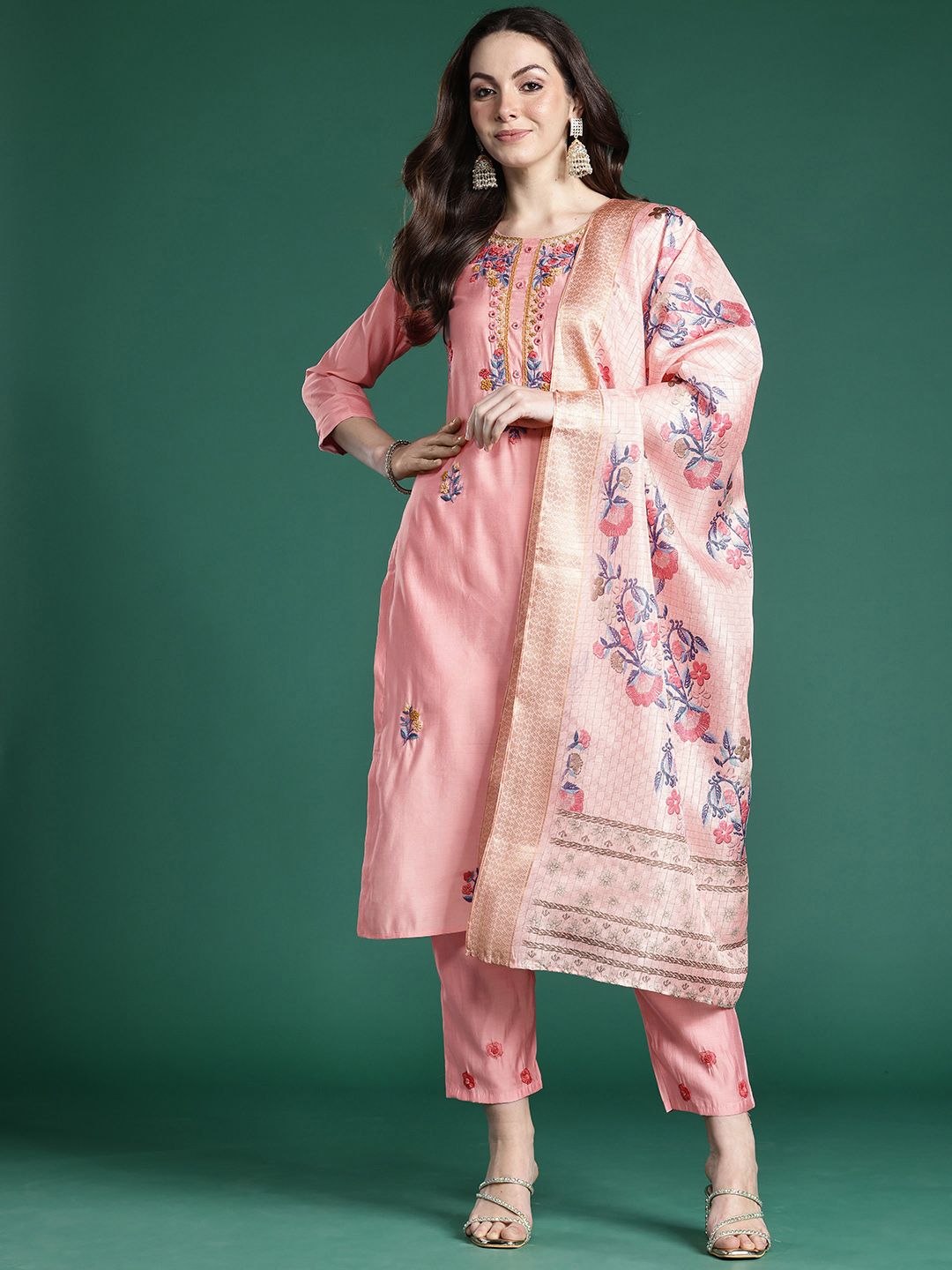 Dhiyona IE Floral Embroidered Thread Work Kurta with Trousers & With Dupatta
