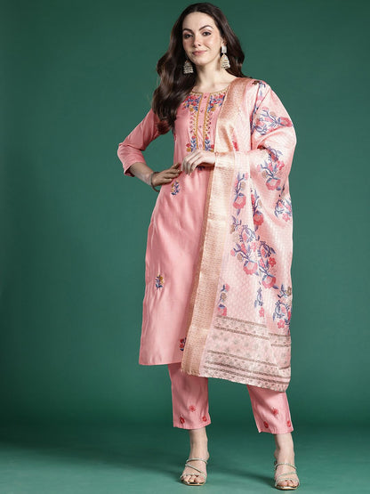 Dhiyona IE Floral Embroidered Thread Work Kurta with Trousers & With Dupatta