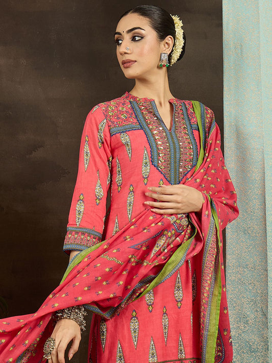 Ethnic Motifs Printed Pure Cotton Straight Kurta With Trousers & Dupatta