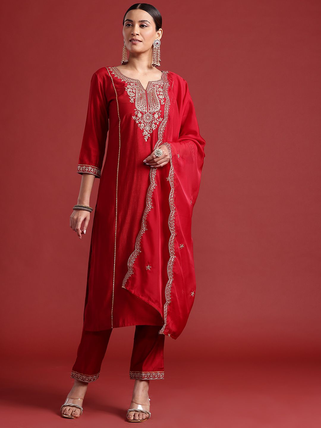 Ethnic Motifs Yoke Design Zari Panelled Liva Kurta With Trousers & Dupatta