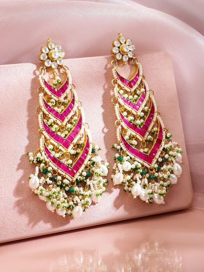 Dhiyona RJ Women's 24K Gold-Plated Ruby Pink Kundan & Green Beaded Handcrafted Shoulder Duster Earring
